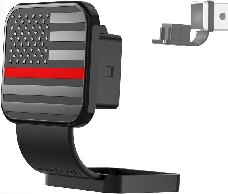 eVerHITCH 2 Inch Universal Flag Tow Hitch Covers, American Flag Trailer Hitch Cover Tube Plug Insert, Car Exterior Accessories, Receiver Tube Hitch Plug (Black with Red Line, Fits 2" Receiver) - Image 1